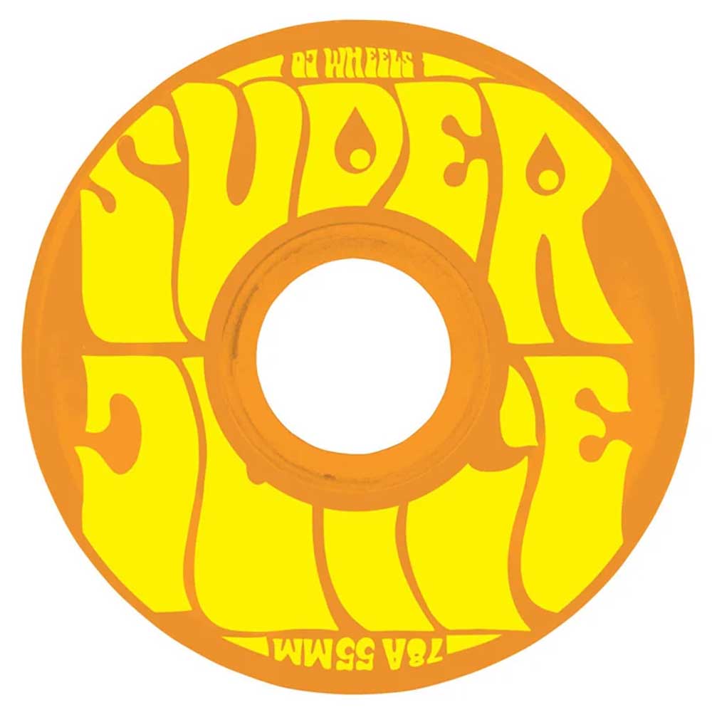 The OJ Wheels Mini Super Juice 55mm 78A Orange skateboard wheel features bold, yellow, wavy “SUPER JUICE” text and smaller “OJ Wheels 55mm 78a” lettering around the edge—an ideal choice for any rider seeking high-quality skateboard wheels.