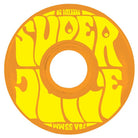 The OJ Wheels Mini Super Juice 55mm 78A Orange skateboard wheel features bold, yellow, wavy “SUPER JUICE” text and smaller “OJ Wheels 55mm 78a” lettering around the edge—an ideal choice for any rider seeking high-quality skateboard wheels.