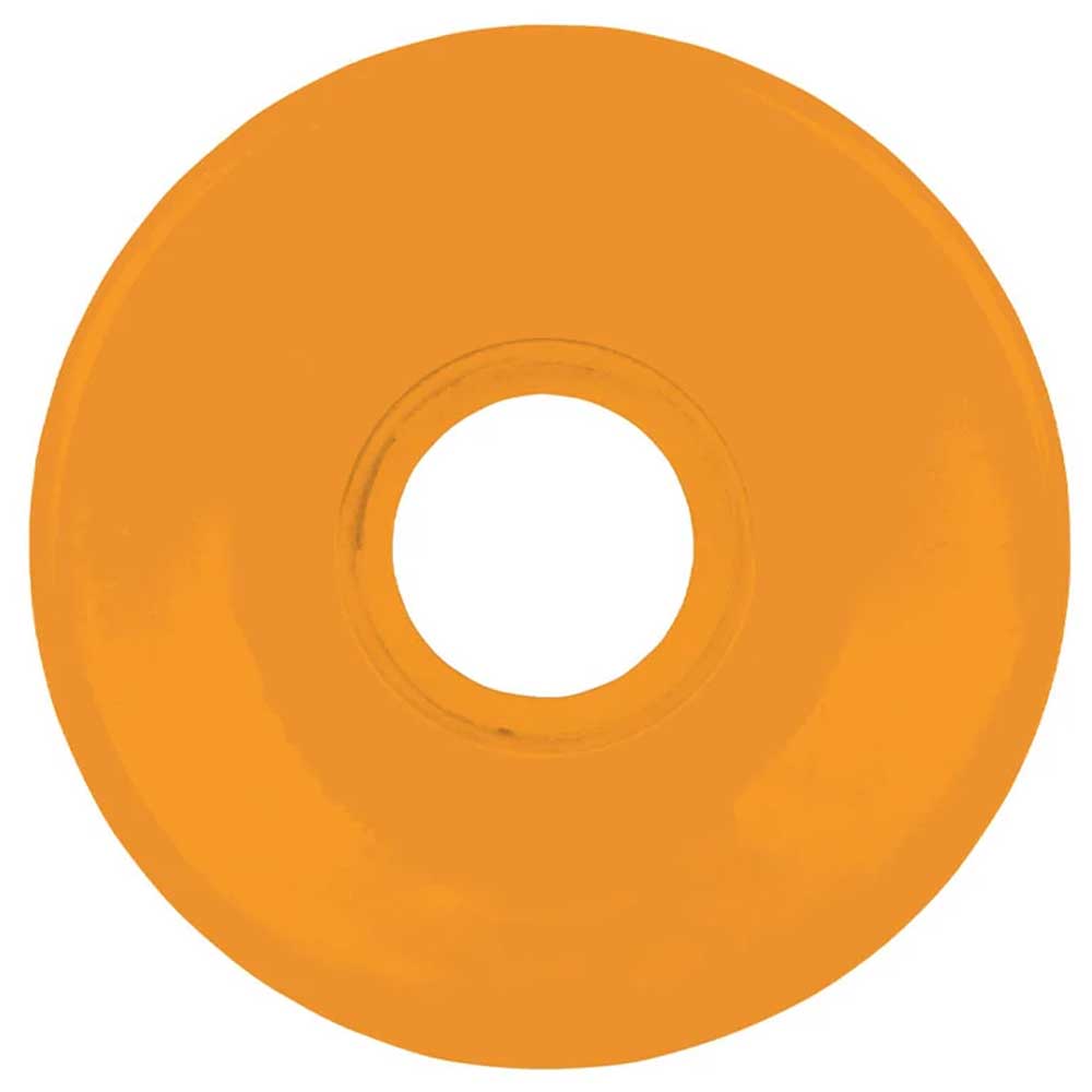 An orange OJ Wheels Mini Super Juice 55mm78A skateboard wheel, shaped like a flat washer or donut with a central circular hole, is shown from above against a white background.