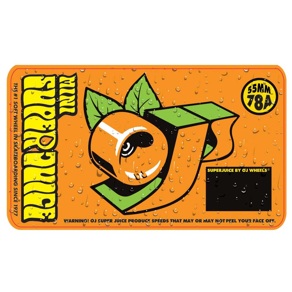 Show off your love for OJ Wheels Mini Super Juice 55mm78A Orange with this lively skateboard sticker. It features a bold cartoon orange fruit, complete with leaves and water droplets, and highlights the “OJ Wheels” name along with “55mm 78a.” A warning below reminds skaters that these wheels are designed for high speeds.