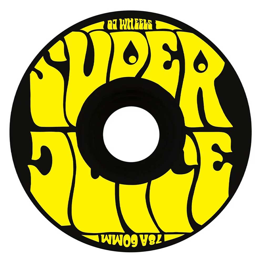 Featuring retro-inspired design, the OJ Wheels Super Juice 60mm 78A Black skateboard wheel displays SUPER JUICE in bold, oversized yellow letters for a standout look. “OJ WHEELS” and “78A 60MM” are printed along the top and bottom edges, underscoring the premium quality and excellent performance of these wheels—making them an ideal upgrade for your setup.