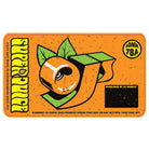 Black rectangular sticker featuring a cartoon orange fruit shaped like the letter O, accented with green leaves and water droplets, along with the text: OJ Wheels Super Juice 60mm78A Black. Includes a warning label and vintage skateboard wheels logo for added retro flair.