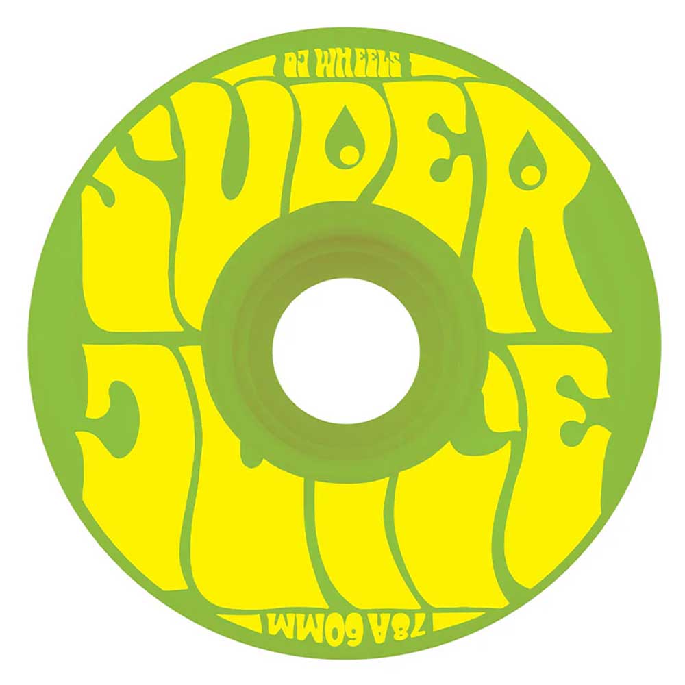 A green OJ Wheels Super Juice 60mm 78A skateboard wheel featuring bold yellow psychedelic text reading “SUPER JUICE” and “OJ WHEELS 78A 60MM” around the center hole—an ideal upgrade for anyone seeking authentic Super Juice wheels from OJ Wheels.
