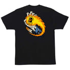 The O'Brien Screaming Reaper Heavyweight T-Shirt by Santa Cruz features a bold graphic of a caped arm with a screaming mouth amid flames, plus "Santa Cruz" on a brown patch—a striking regular fit black tee for skateboarders.