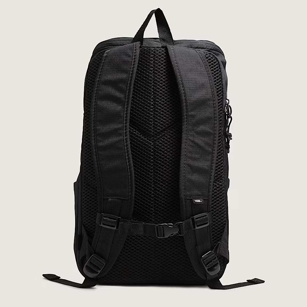 The Obstacle Skatepack Backpack VN0A3I696ZC1 Black Ripstop by Vans Skateboarding is shown from the back with padded shoulder straps, adjustable chest and waist straps, and a ventilated mesh back panel against a plain light background.