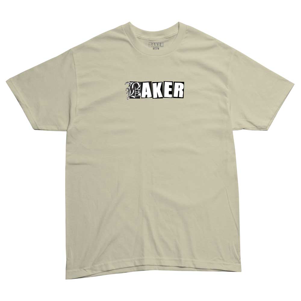 Old E Tee Sand by Baker Skateboards is a soft, sand-colored T-shirt featuring “LAKER” printed in bold black and white across the chest, with the letter L designed as a stylized lion head—a tribute to Baker Skateboards’ distinctive style—crafted for everyday comfort.