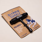 The Blue Standard Tool by Olympia Supply is shown on brown packaging with blue text and a husky illustration. The package lists: Phillips, Allen, truck axle, kingpin, hardware, and grip file—ideal for skateboard maintenance.