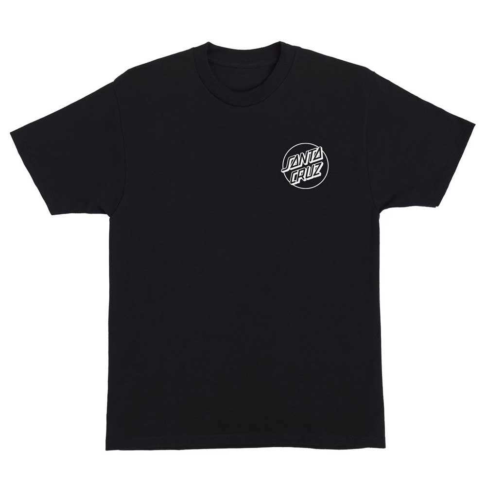 The Opus Dot Chest Heavyweight T-Shirt Black by Santa Cruz features the iconic white Opus Dot logo on the left chest, short sleeves, and a crew neckline—perfect men's skate apparel. Displayed against a plain white background.
