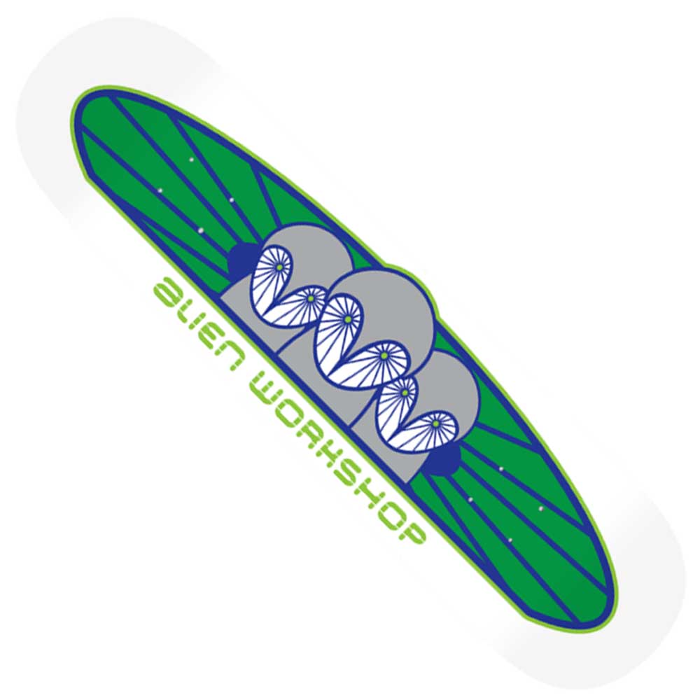 The Owliad 8.25 Alien Workshop skateboard deck showcases a green and blue abstract alien insect design on a white background, with “alien workshop” written in green beneath the graphic; this high-quality skateboard deck is made in Mexico.