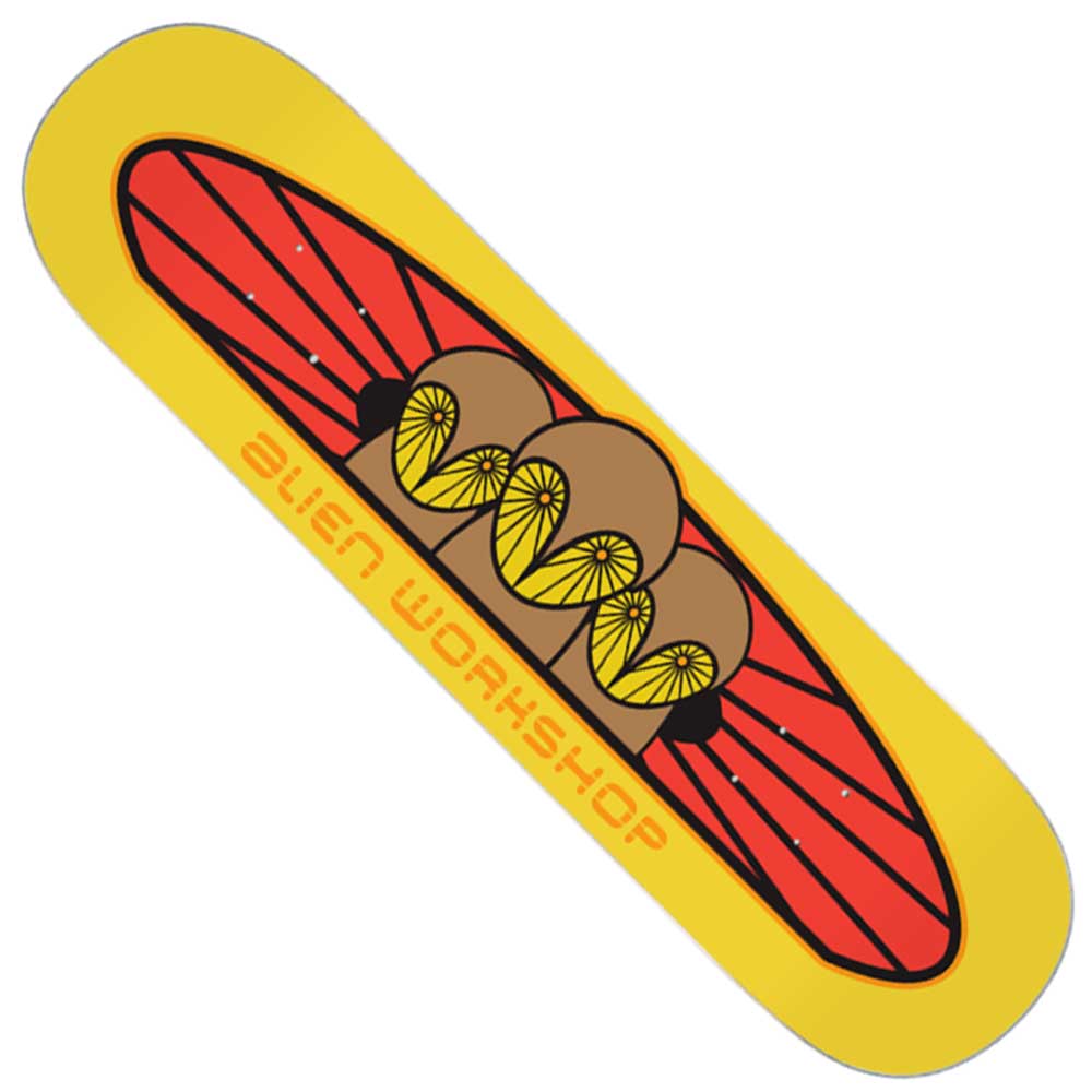 The Owliad 8.5 Alien Workshop Skateboard Deck features a yellow base with a striking red winged graphic and four brown overlapping circles. The words “ALIEN WORKSHOP” appear in orange at the bottom, and this skateboard deck is made in Mexico for assured quality and durability.