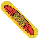 The Owliad 8.5 Alien Workshop Skateboard Deck features a yellow base with a striking red winged graphic and four brown overlapping circles. The words “ALIEN WORKSHOP” appear in orange at the bottom, and this skateboard deck is made in Mexico for assured quality and durability.