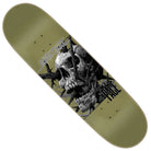 The Pace Deathtrap Remix Pro 8.7in x 31.825in Santa Cruz Deck features an olive green design with a striking illustration of a cracked skull wrapped in black barbed wire, complemented by stylized text and the word “RAGE” near the bottom right. Crafted by Santa Cruz Skateboards, this 7-ply deck offers a medium concave profile for versatile performance.