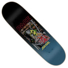 The Pace Dungeon Pro 8.7in x 31.825in Santa Cruz Skateboards Deck features “PACE” in red, a melting skeleton in armor chained to a wall, and "SANTA CRUZ" in yellow over a blue gradient background from Santa Cruz Skateboards.
