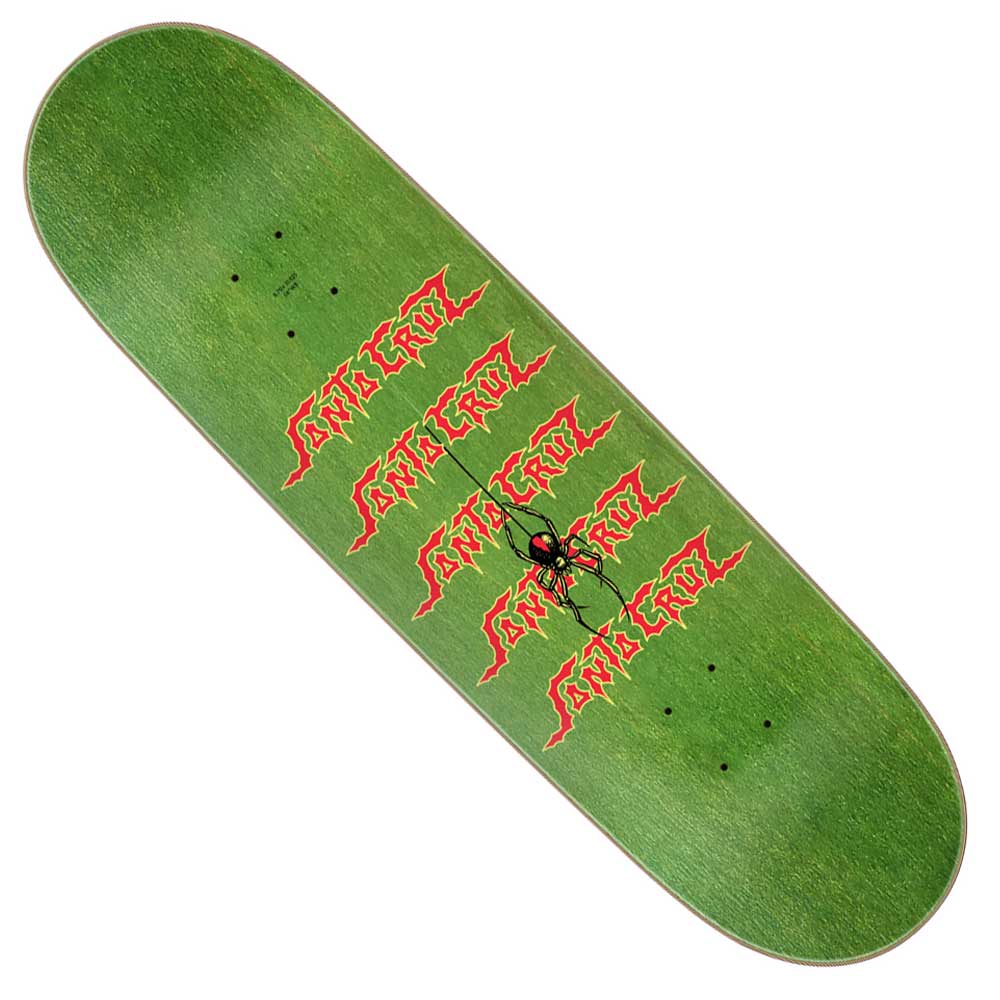 The Pace Dungeon Pro 8.7in x 31.825in Santa Cruz Skateboards Deck is green, with six red Santa Cruz lightning bolt logos arranged diagonally and a black spider graphic at the center.