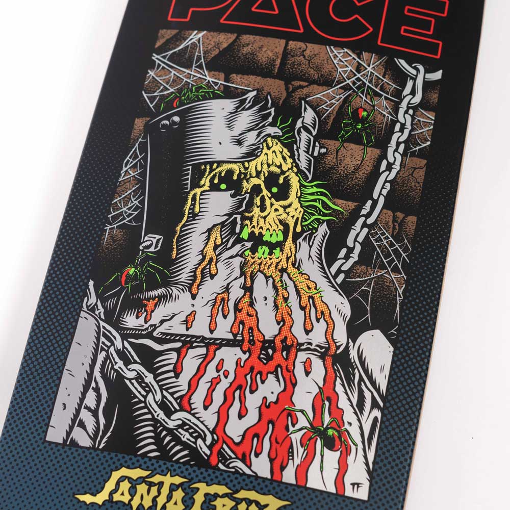 A graphic of a decaying, chained skeleton with a melting face, spiders, and cobwebs appears on the Pace Dungeon Pro 8.7in x 31.825in Santa Cruz Skateboards deck, with bold red text at the top partially reading "PACE".