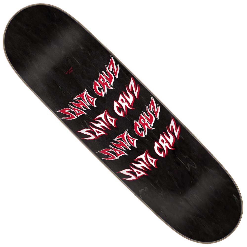 The Pace Necromancer Pro 8.7in x 31.825in Santa Cruz Skateboard Deck features a black background with the red and white “Santa Cruz” logo repeated four times diagonally across the board.