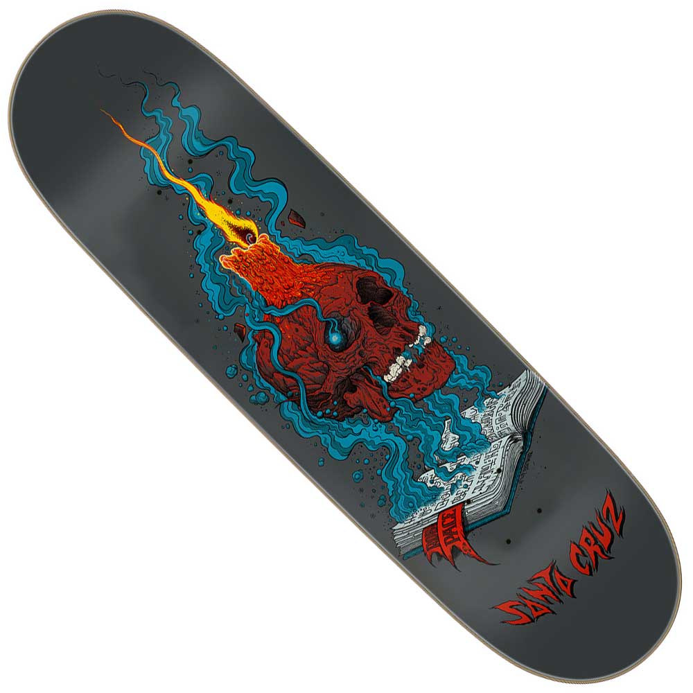 The Pace Necromancer Pro 8.7in x 31.825in Santa Cruz Skateboard Deck features a flaming red skull rising from an open book amid blue smoke, with "Santa Cruz" in red at the lower right corner.