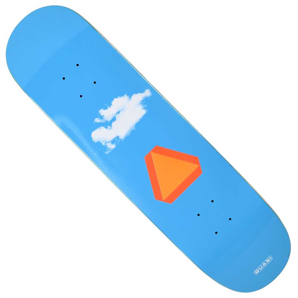 The Pacer 8.25x31.8 Quasi Skateboards Deck Multicolor features a sleek, modern design with a white cloud and orange polygon at the center on a plain blue background, plus the minimalistic Q42 Shape.