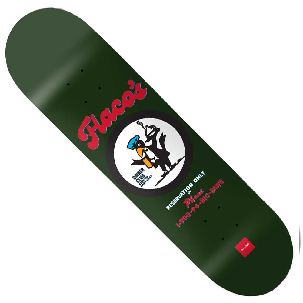 The Perez Flacos 8.4x32 Chocolate Skateboards Deck features a dark green design with a cartoon wolf holding a phone, red "Perez Flacos" text, "Reservation Only," "24 Hrs," and a phone number in white and pink.