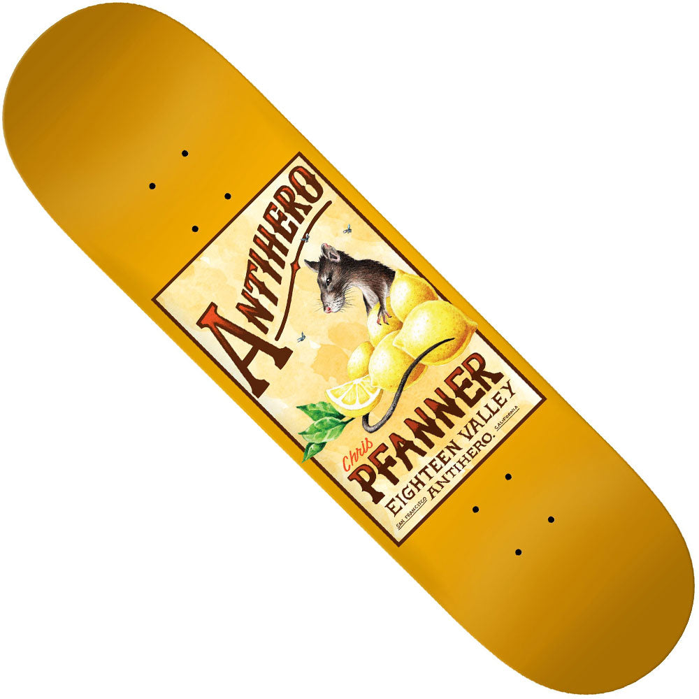 Introducing the Pfanner Homer 8.25x32 Anti Hero Skateboards Deck, a vibrant yellow deck from Anti Hero Skateboards. This deck features a distinctive graphic with “Antihero” and “Chris Pfanner” on the label, showcasing a rat perched on lemons alongside the text “Eighteen Valley.” The design draws inspiration from classic fruit crate labels, making this skateboard deck an ideal choice for riders who value both unique style and quality craftsmanship.
