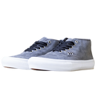 The Skate Authentic Mid Vans VN000EJSPWT1 Pewter Suede Skateboarding Shoes feature a gray suede upper, white rubber soles, black laces, and a small black-and-white checkered side detail, shown on a plain white background.