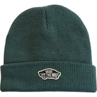 The Vans Beanie Clasic Cuff Mystic Moss VN000QB2FRJ is a dark green knit beanie with a folded brim, featuring a white and black Vans Off The Wall logo patch on the front.