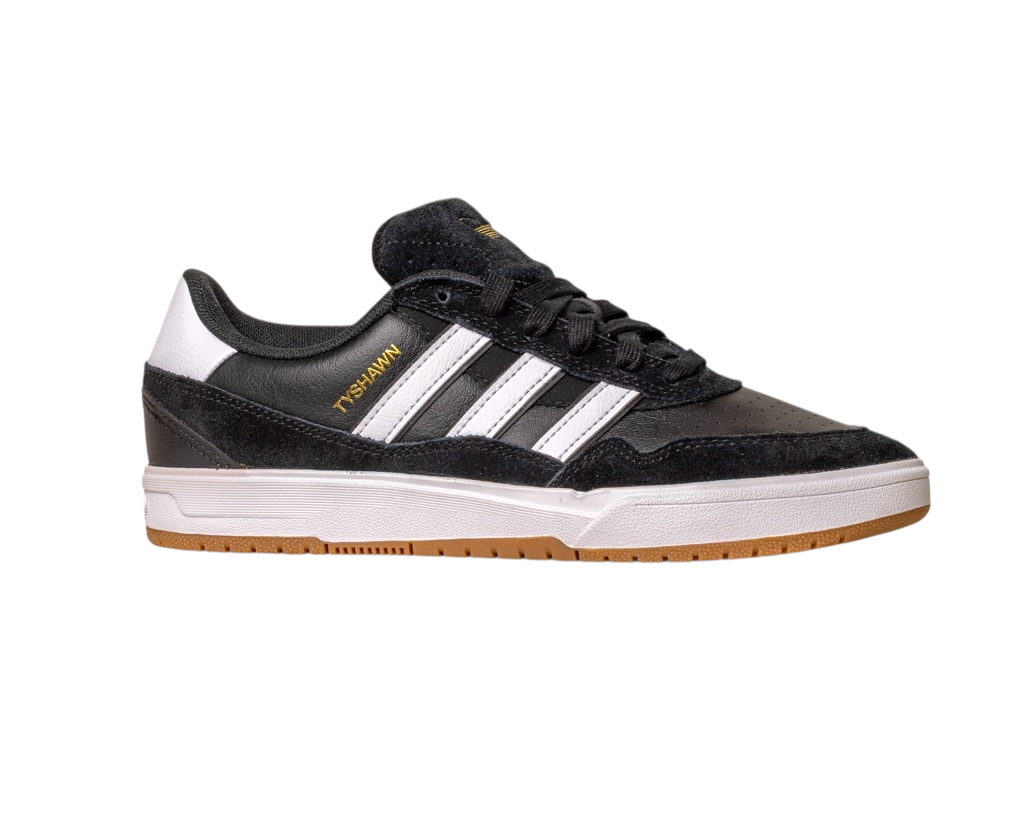 The JI 0846 Black White Gum Tyshawn 2 II Adidas Skateboarding Shoe features black and white premium leather suede, white stripes, gold Tyshawn II text, a white midsole, and light brown gum outsole, shown on a white background.