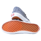 A pair of Skate Authentic Mid Vans VN000EJSPWT1 Pewter Suede skateboarding shoes, one upright and one showing the orange waffle-patterned outsole, white midsole, and red heel logo tag, set against a plain white background.