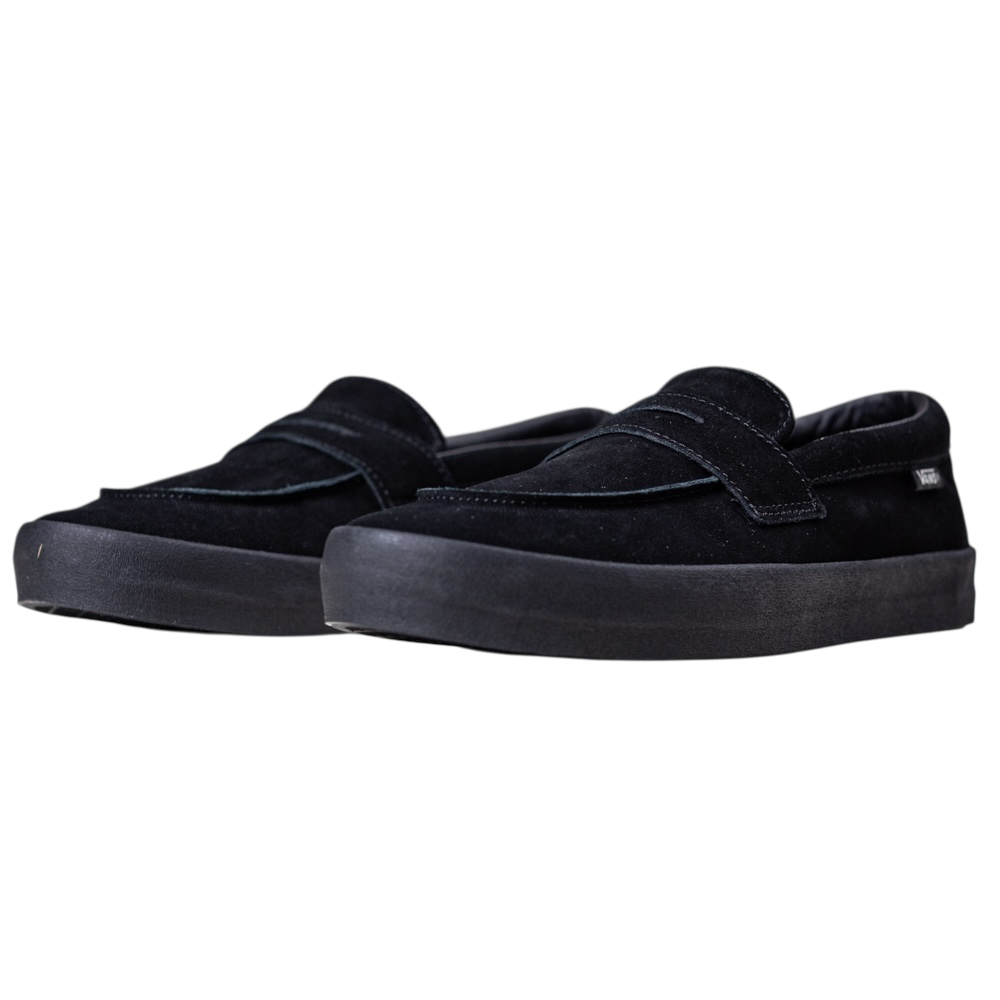 Skate Loafer Vans VN000VA6BKA1 Black Black Suede Skateboarding Shoes feature a black grip suede upper, thick black rubber sole, and subtle strap detail—ideal for skateboarding with excellent impact protection, shown on a white background.
