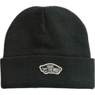 The Vans Beanie Clasic Cuff Black VN000QB2BLK is a black knit beanie with a folded brim and a white embroidered Vans Off The Wall logo patch on the front.