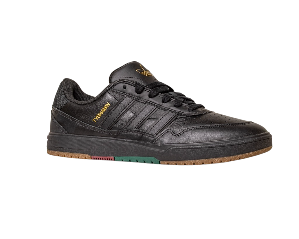 The Tyshawn 2 II Adidas Skateboarding Shoes feature a core black leather upper, gold "The Gimmm" text, black laces and stripes, a gum sole with green and red accents—ideal for fans of classic Leather Skate Shoes.