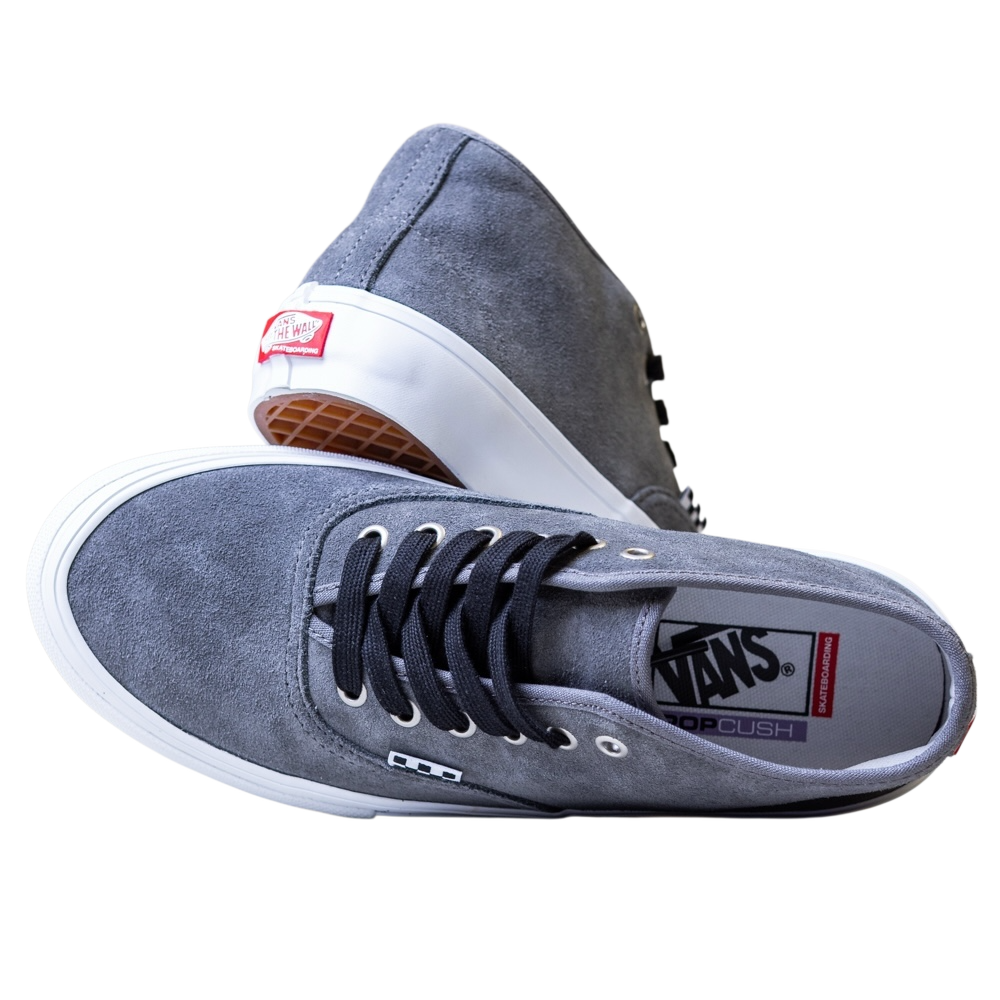 A pair of Vans Skate Authentic Mid VN000EJSPWT1 Pewter Suede Skateboarding Shoes with white soles, black laces, and suede upper. One shoe stands upright, the other lies sideways showing the Vans logo on insole and heel tab.