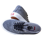 A pair of Vans Skate Authentic Mid VN000EJSPWT1 Pewter Suede Skateboarding Shoes with white soles, black laces, and suede upper. One shoe stands upright, the other lies sideways showing the Vans logo on insole and heel tab.