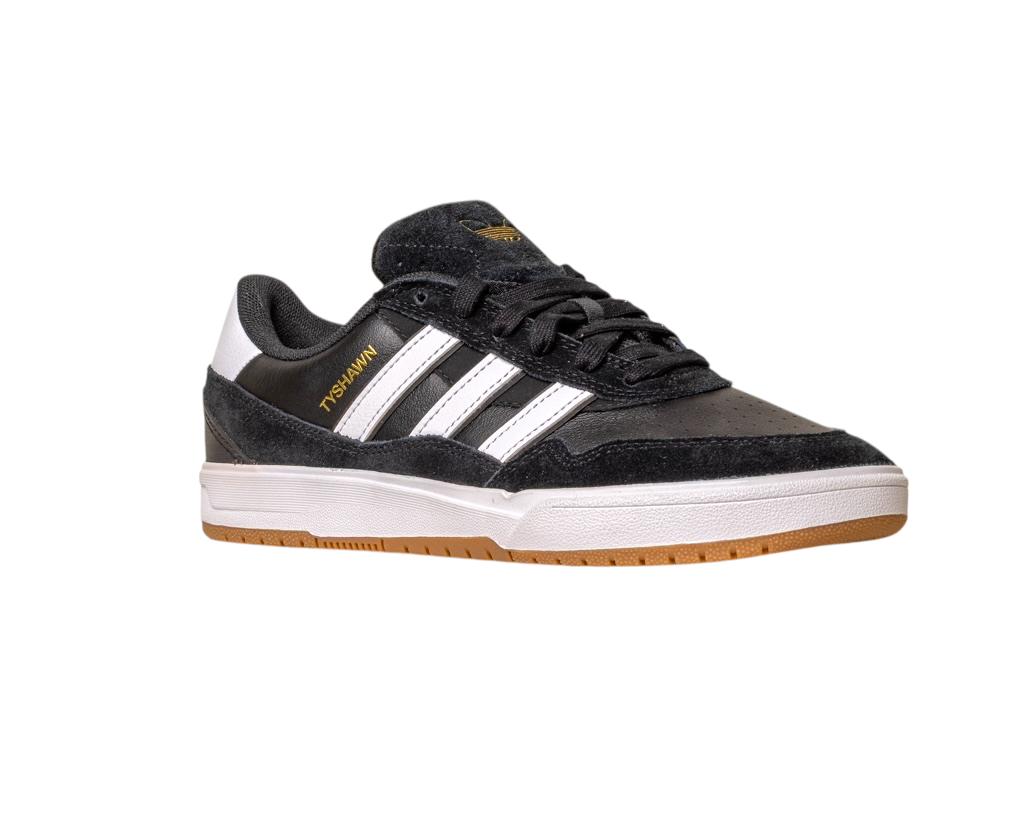 The JI 0846 Black White Gum Tyshawn 2 II Adidas Skateboarding Shoes feature premium leather suede, three white stripes, gold TYSHAWN text, a white midsole, and a light brown rubber outsole for style and performance.