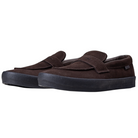 The Skate Loafer Vans VN000VA6Y491 Brown Black Suede Skateboarding Shoes feature slip-on styling, black rubber soles for enhanced grip, and are shown from a front-side angle on a white background.