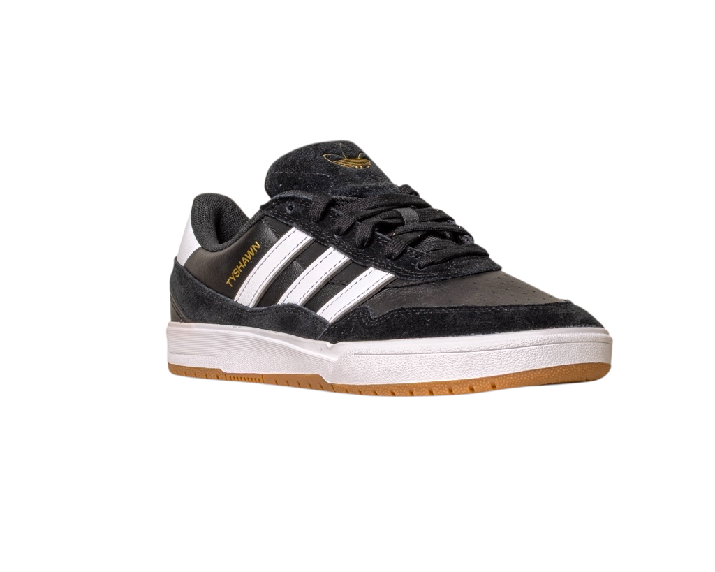 The JI 0846 Black White Gum Tyshawn 2 II Adidas Skateboarding Shoe features black leather and suede, three white stripes, gold HANDBALL text, a white midsole, and a gum rubber outsole, isolated on a white background.