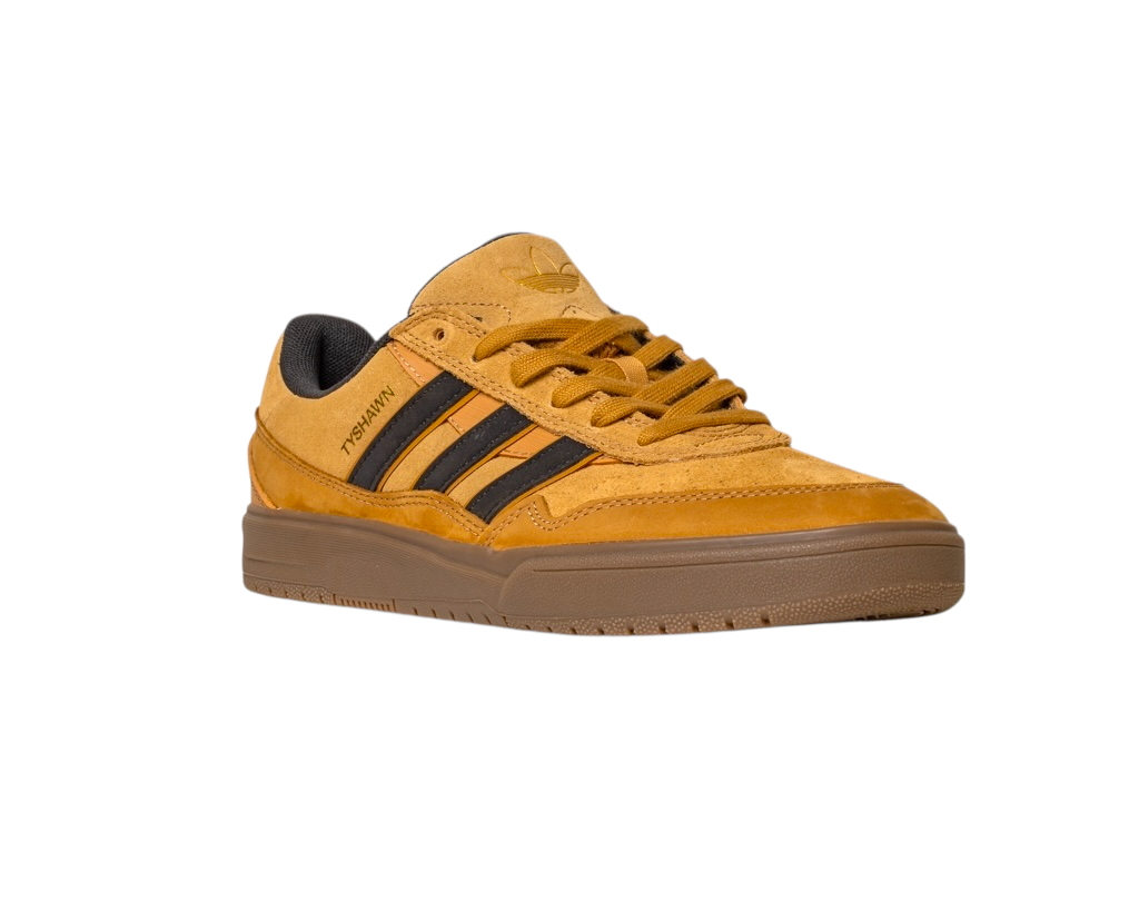 The JI0851 Mesa Black Gum Tyshawn 2 II Adidas Leather Suede Skateboarding Shoes feature a mustard yellow and black design, brown gum cupsole, black stripes, and matching yellow laces, shown from a front-side angle on a white background.