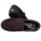 A pair of Skate Loafer Vans VN000VA6Y491 Brown Black Suede Skateboarding Shoes, one flat and one on its side revealing the sole’s grip, heel logo, visible interior Vans branding, and PopCush label for impact protection.