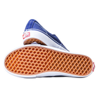 A pair of Skate Authentic Deep Twilight Vans VN000EEREMT1 Suede White Skateboarding Shoes, one on its side and the other showing the waffle-patterned sole—classic, durable suede skate shoes ideal for everyday style.