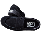A pair of Skate Loafer Vans VN000VA6BKA1 Black Black Suede skateboarding shoes are shown, one upright and one lying across to display the Vans heel logo and PopCush branding for impact protection.