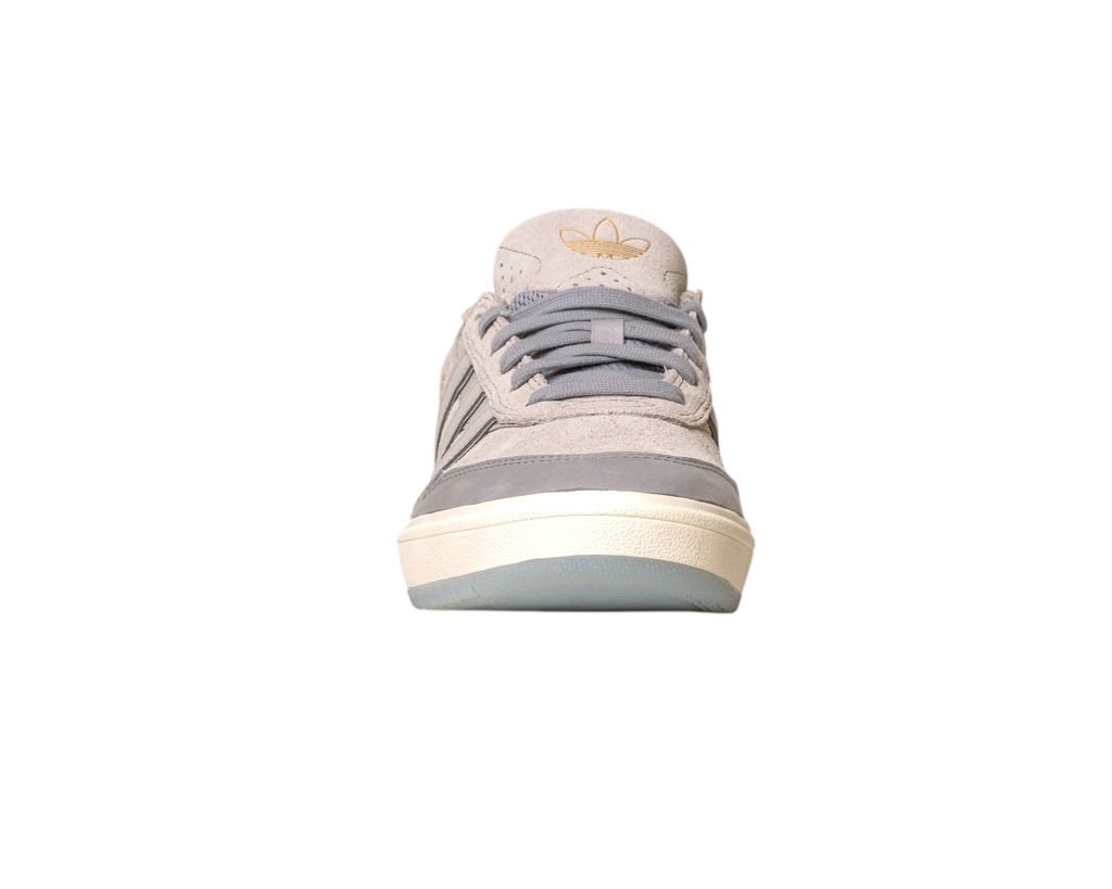 Front view of the JI0848 Granite White Tyshawn 2 II Adidas Skateboarding Shoes in gray and beige suede with gray laces and a gold Adidas logo on the tongue, shown on a white background—part of the Adidas Skateboarding collection.