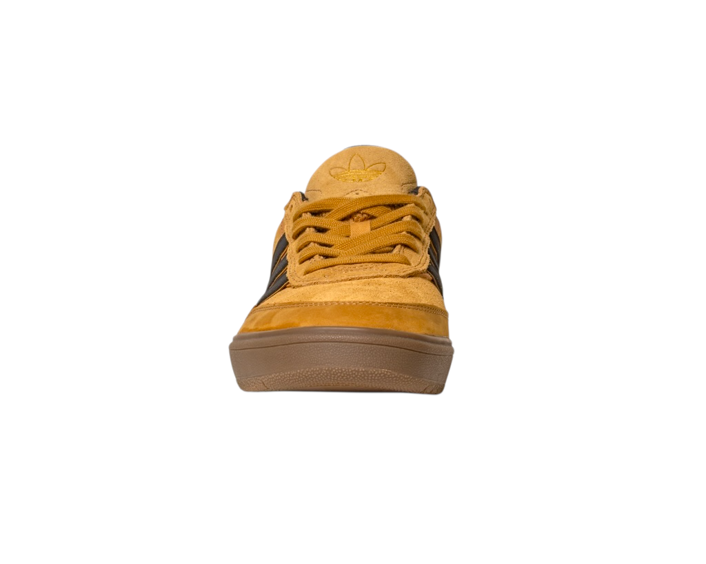 The JI0851 Mesa Black Gum Tyshawn 2 II Adidas skateboarding shoes feature yellow suede, brown laces, black stripes, a gum cupsole, and the adidas logo on the tongue. Shown from the front against a plain white background.