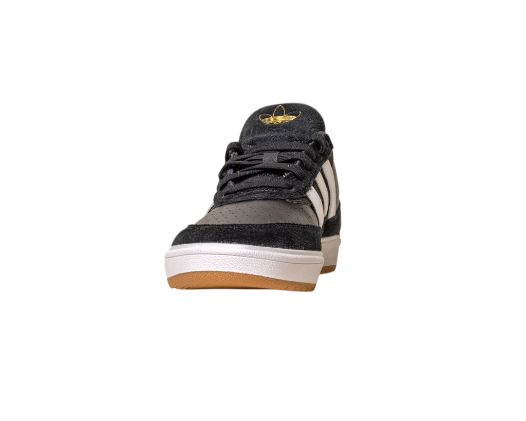 The JI 0846 Black White Gum Tyshawn 2 II Adidas Skateboarding Shoes feature black and gray leather and suede, white stripes, black laces, and a brown sole, shown from the front on a white background.