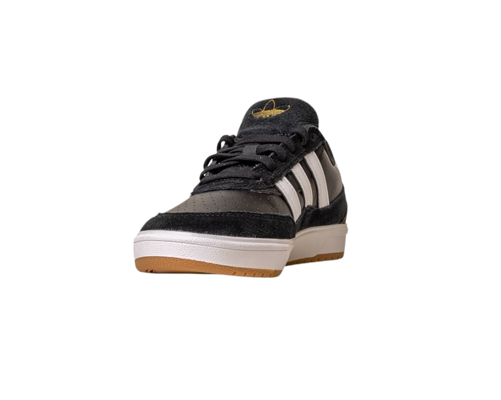 The JI 0846 Black White Gum Tyshawn 2 II Adidas Skateboarding Shoes feature black and white leather and suede with three white stripes, black laces, and a brown rubber sole, shown against a white background.