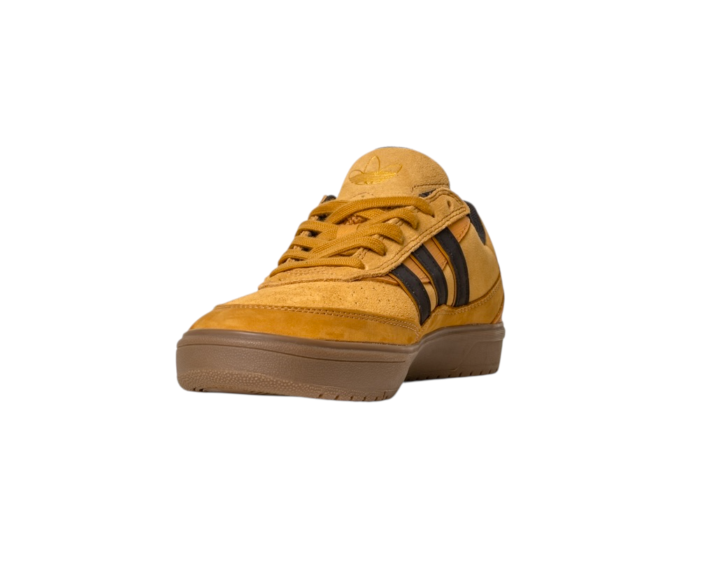 The JI0851 Mesa Black Gum Tyshawn 2 II Adidas Leather Suede Skateboarding Shoes, shown from the front-left against a white background, feature tan suede uppers, black stripes, brown rubber sole, yellow laces, and cupsole construction.
