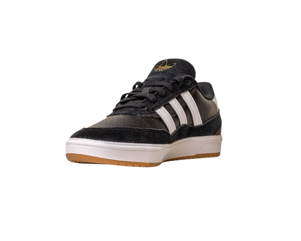 The JI 0846 Black White Gum Tyshawn 2 II Adidas Skateboarding Shoe features black leather, suede details, white stripes, a white midsole, gum outsole, and a gold logo on the tongue. Displayed on a white background.