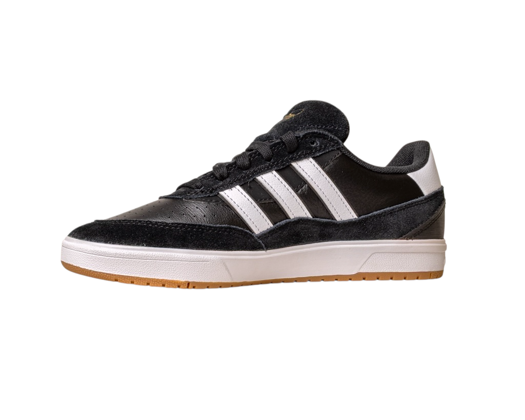 The JI 0846 Black White Gum Tyshawn 2 II Adidas Skateboarding Leather Suede Shoes feature black and white colors, three white stripes, black laces, a white heel accent, and a tan gum sole, displayed on a white background.