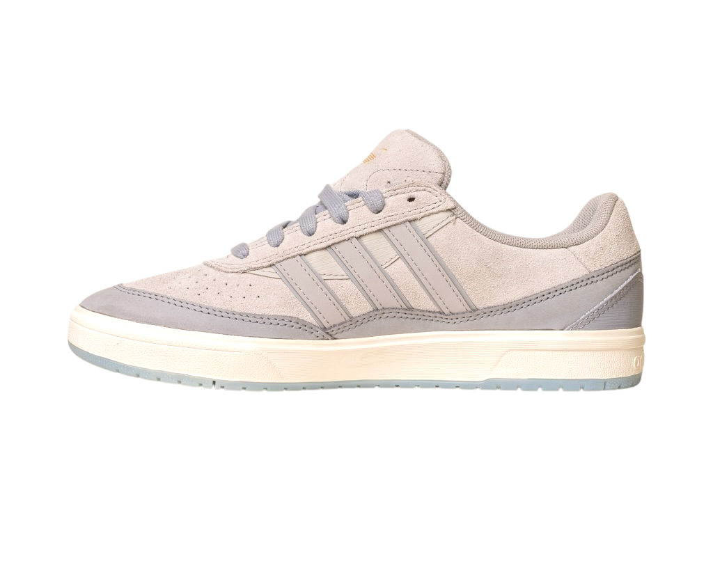 The JI0848 Granite White Tyshawn 2 II Adidas Skateboarding Shoes feature beige and gray suede, light gray laces, three side stripes, and a white and light gray rubber sole, shown from the side on a white background.