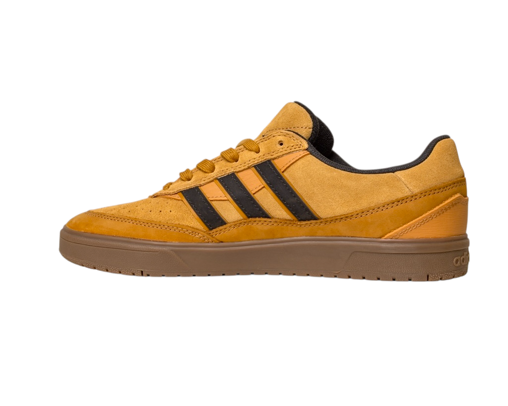 The JI0851 Mesa Black Gum Tyshawn 2 II adidas skateboarding shoe features tan suede, black stripes, brown laces, and a brown rubber cupsole, shown from the side on a white background.