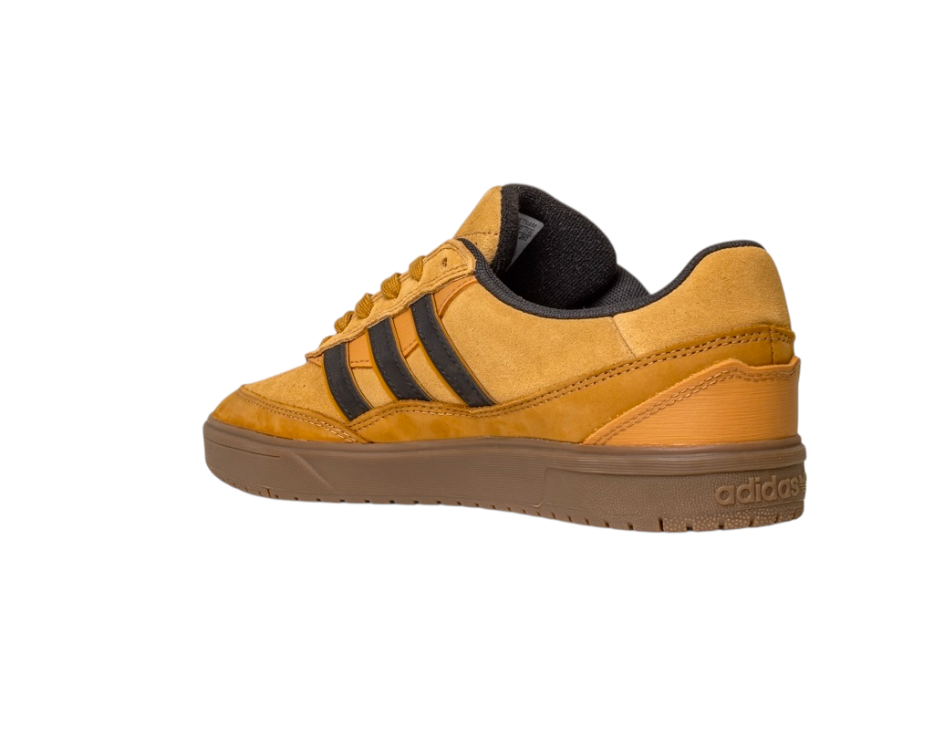 The JI0851 Mesa Black Gum Tyshawn II Adidas Leather Suede Skateboarding Shoe features a mustard yellow upper with black stripes, brown accents, and a tan cupsole, shown from the side on a white background.